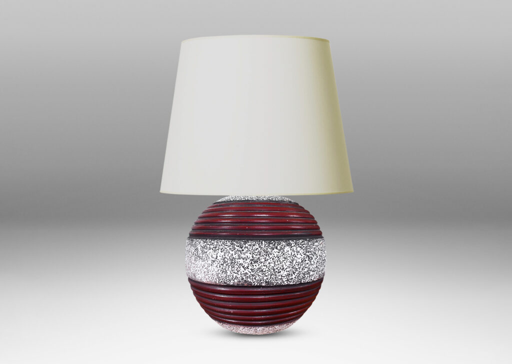 Gallery BAC globe form with crispé style white over matte brown glaze and mudcular ridged bands in red-brown