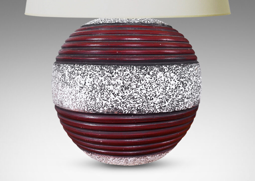 Gallery BAC globe form with crispé style white over matte brown glaze and mudcular ridged bands in red-brown