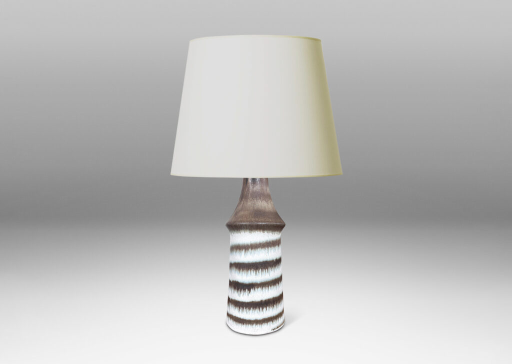 Gallery BAC cylindrical form with a sloping cap, glazed in matte white and brown with spiraling design