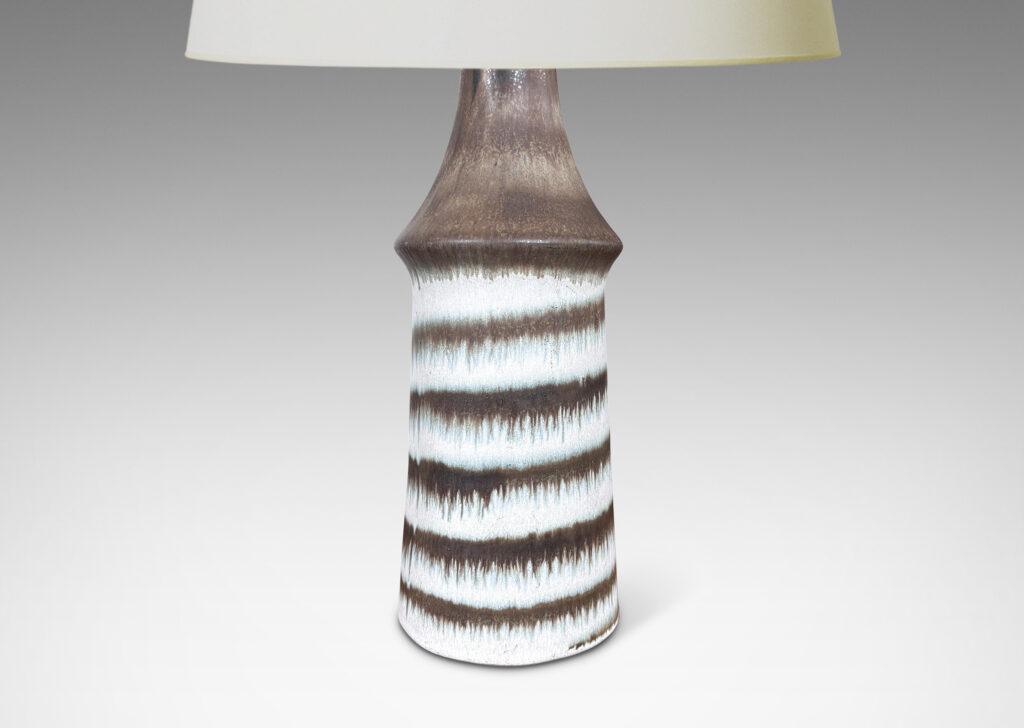 Gallery BAC cylindrical form with a sloping cap, glazed in matte white and brown with spiraling design