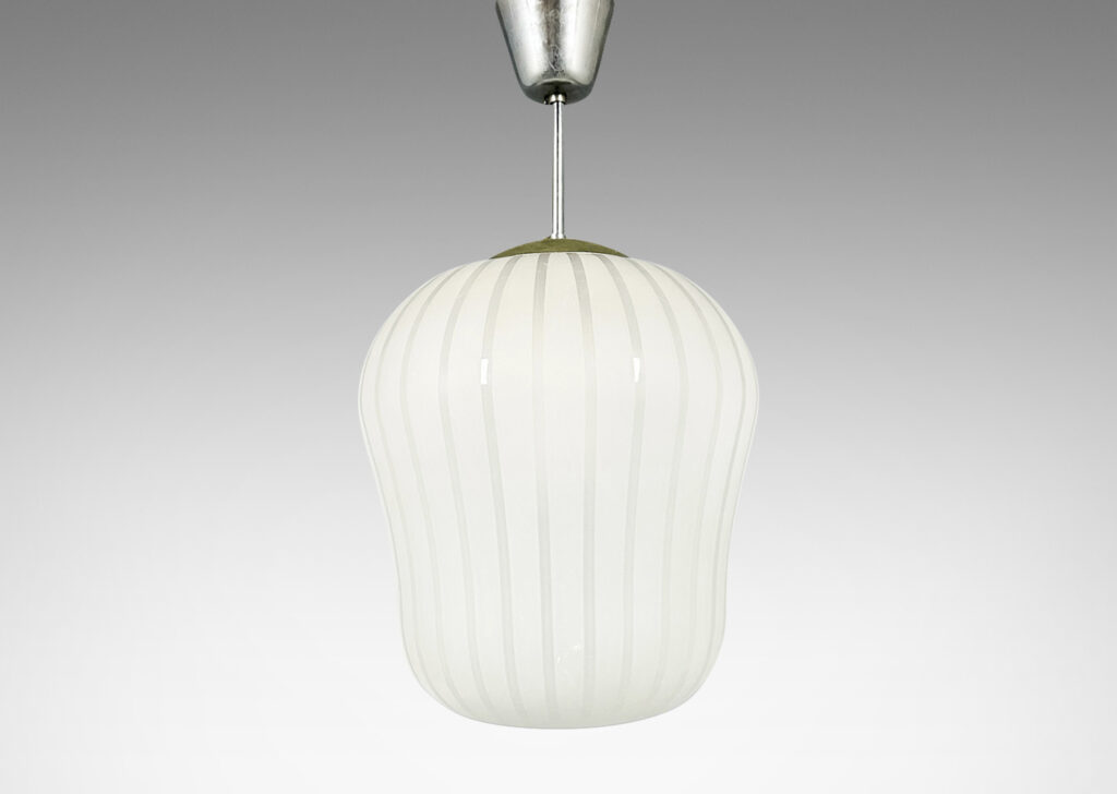 Gallery BAC undulating ovoid form shade with sandblasted vertical stripes, and simple shade holder/mount, tubing and tulip canopy