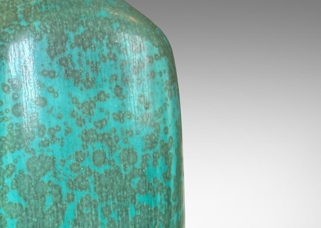 Gallery BAC squared for with rounded edges and sprouting neck, glazed in turquoise with dappled blue-green