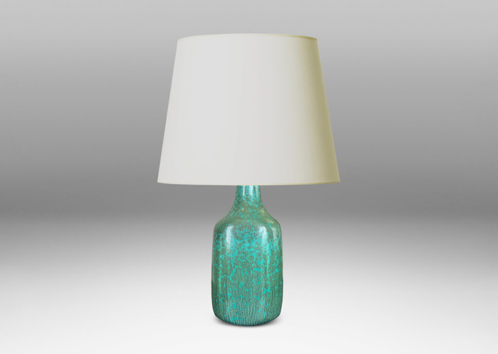 Gallery BAC squared for with rounded edges and sprouting neck, glazed in turquoise with dappled blue-green