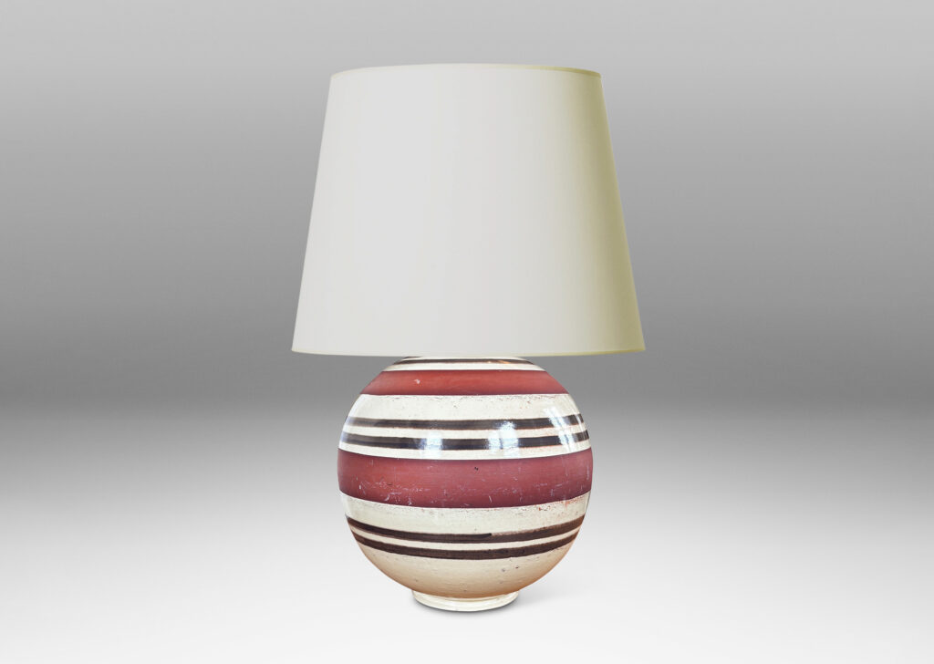 Gallery BAC spherical form partially glazed in pale tan-gray with brown stripes and broad unglazed bands
