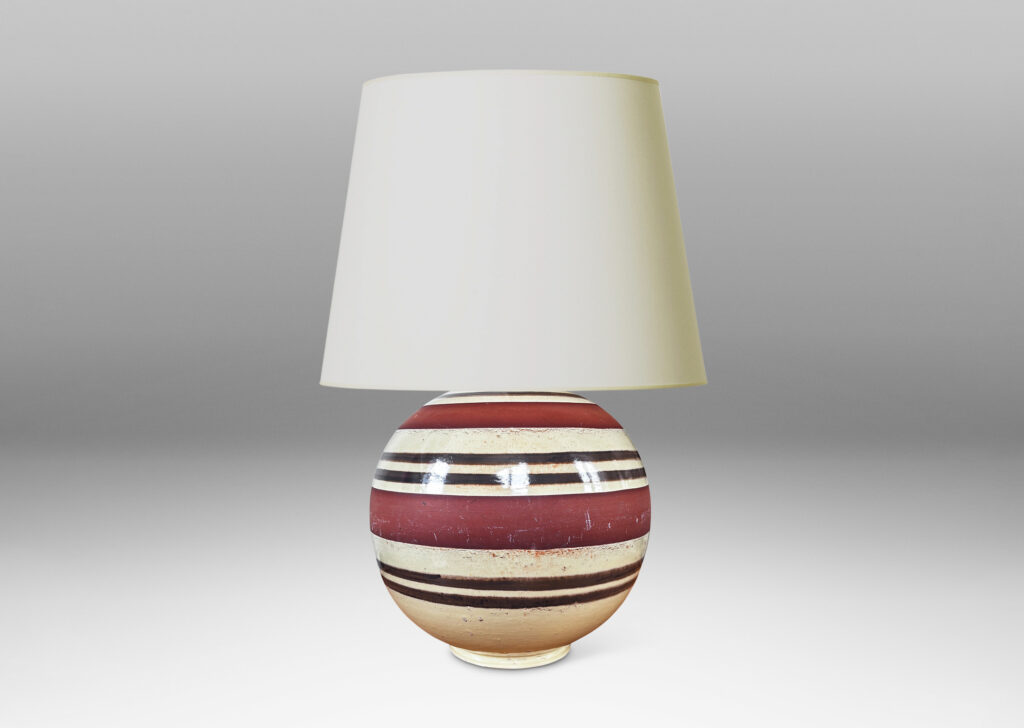 Gallery BAC spherical form partially glazed in pale tan-gray with brown stripes and broad unglazed bands