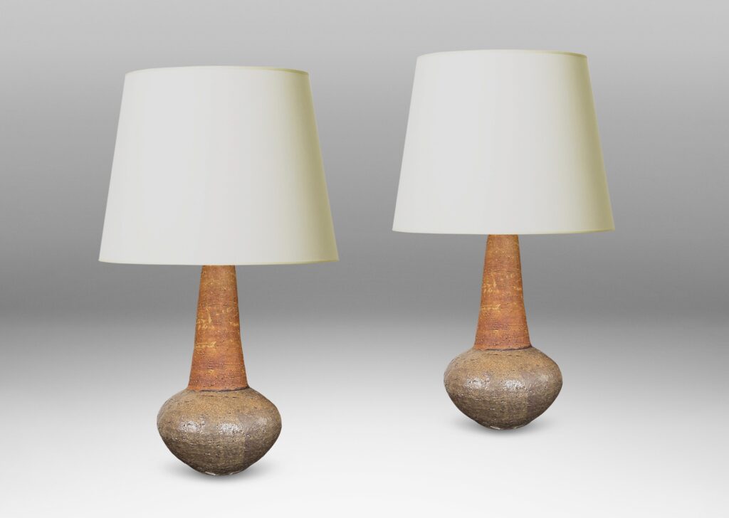 Gallery BAC textured bulbous forms and tall conical necks, glazed in brown and gray-brown