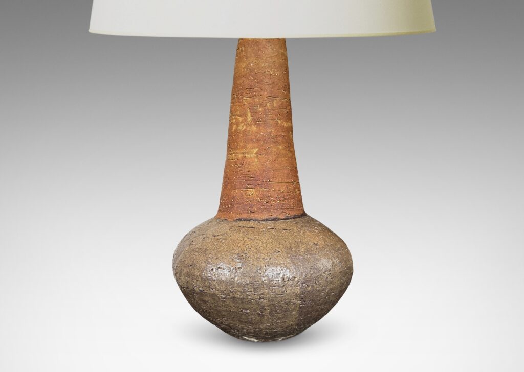 Gallery BAC textured bulbous forms and tall conical necks, glazed in brown and gray-brown