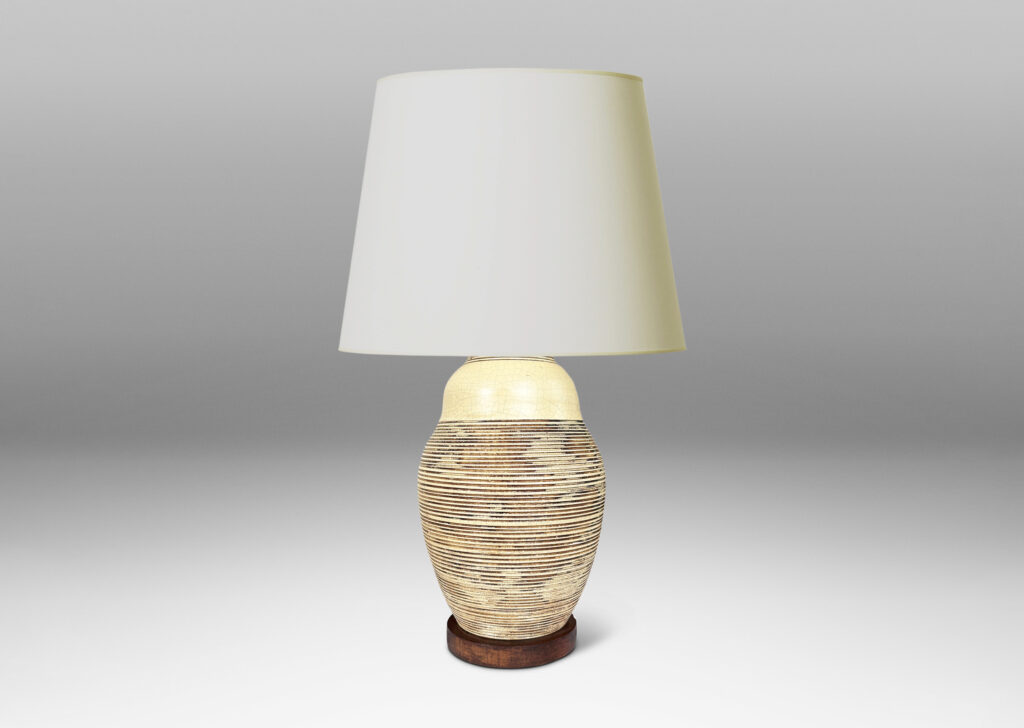 Gallery BAC undulating ginger jar form with carved ribbed texture and eggshell craquel ivory glaze
