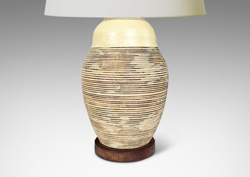 Gallery BAC undulating ginger jar form with carved ribbed texture and eggshell craquel ivory glaze