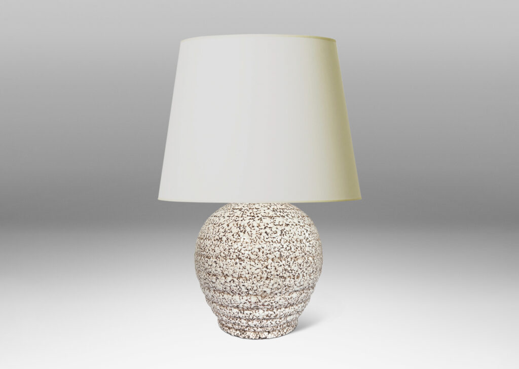 Gallery BAC ridged and tapered balloon-like form glazed in a shiny ivory white “crispé” over matte brown