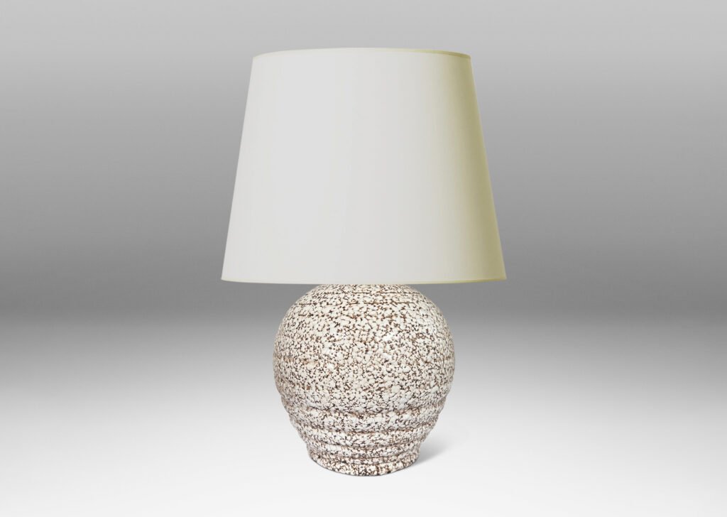Gallery BAC ridged and tapered balloon-like form glazed in a shiny ivory white “crispé” over matte brown