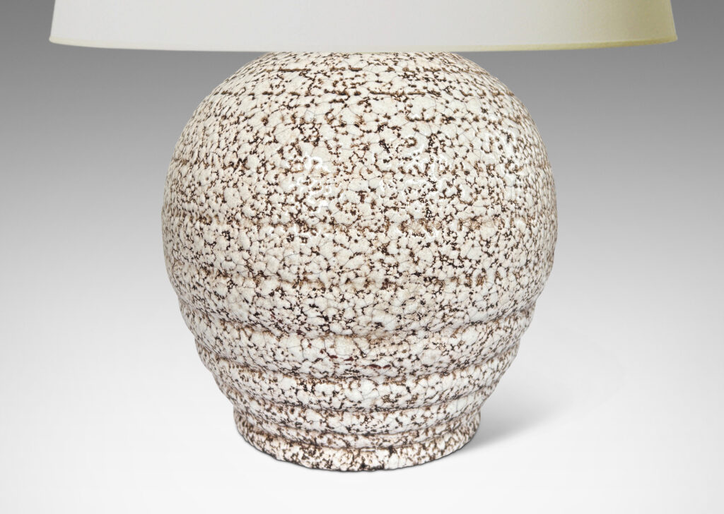 Gallery BAC ridged and tapered balloon-like form glazed in a shiny ivory white “crispé” over matte brown