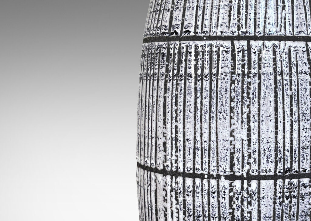 Gallery BAC swelling column form glazed in wide bands of vertical lines of white-dark purple against matte brown