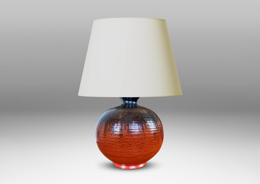 Gallery BAC large ridged plump globe form glazed orange overglazed on top with gunmetal gray