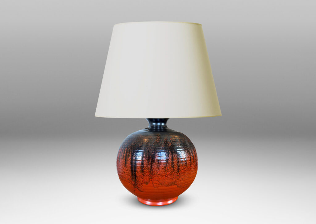 Gallery BAC large ridged plump globe form glazed orange overglazed on top with gunmetal gray