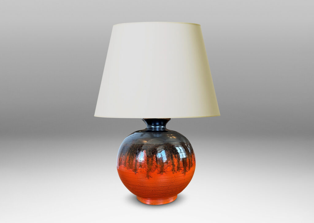 Gallery BAC large ridged plump globe form glazed orange overglazed on top with gunmetal gray