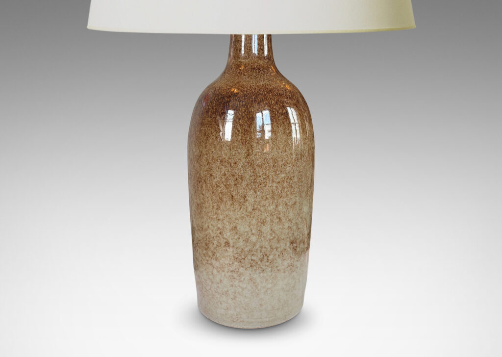 Gallery BAC tall tapered vase form glazed in a textured brown on pale sandy taupe
