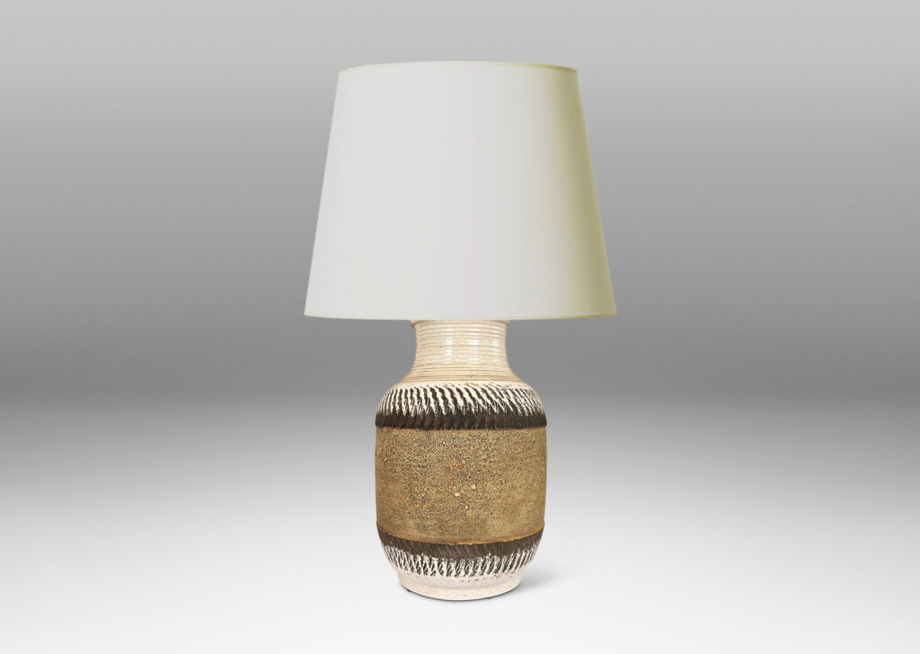 Gallery BAC wide stone-evoking tan central band edged in matte brown, glazed elsewhere in a faintly pink-tinted white