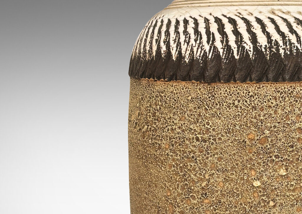 Gallery BAC wide stone-evoking tan central band edged in matte brown, glazed elsewhere in a faintly pink-tinted white