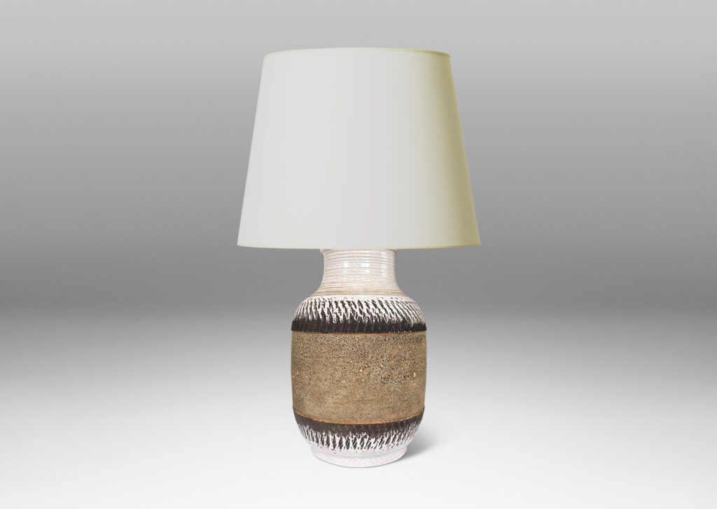 Gallery BAC wide stone-evoking tan central band edged in matte brown, glazed elsewhere in a faintly pink-tinted white