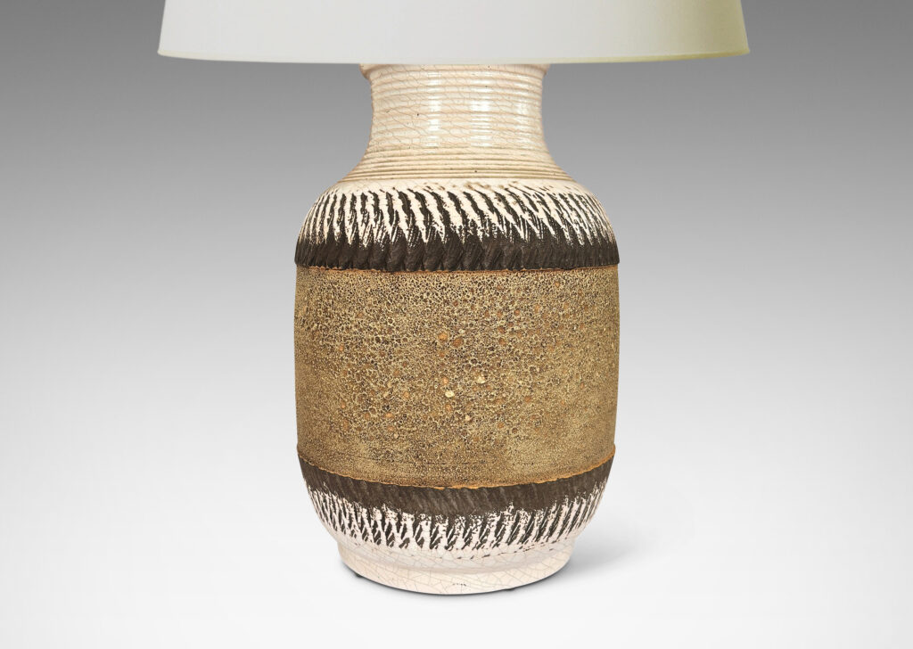 Gallery BAC wide stone-evoking tan central band edged in matte brown, glazed elsewhere in a faintly pink-tinted white