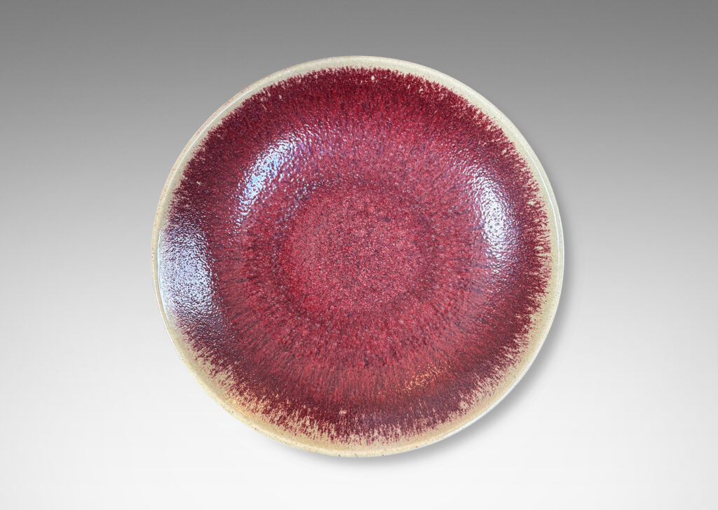 Gallery BAC low wide form glazed in oxblood burgundy with pale gray edge