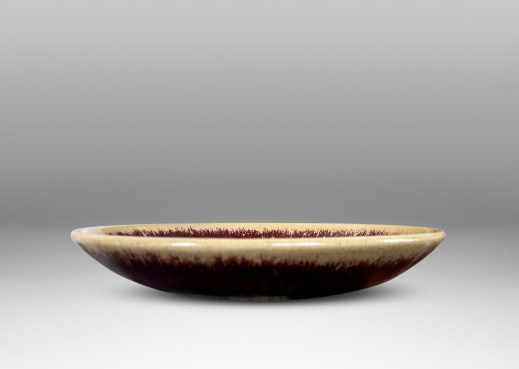 Gallery BAC low wide form glazed in oxblood burgundy with pale gray edges