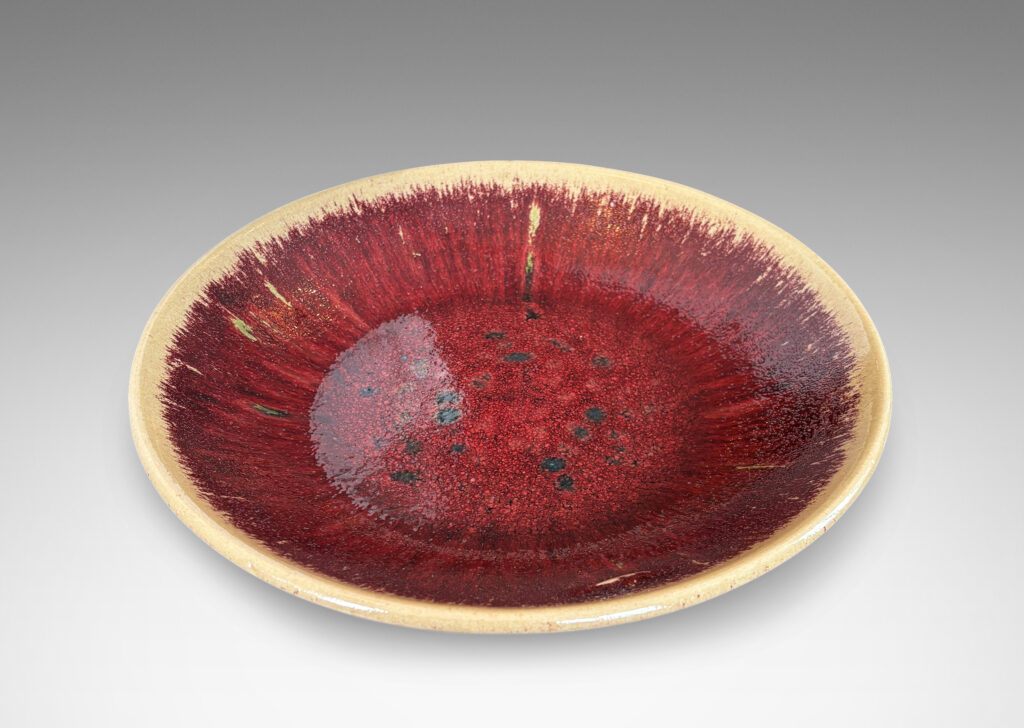 Gallery BAC low wide form glazed in oxblood burgundy with pale gray edges