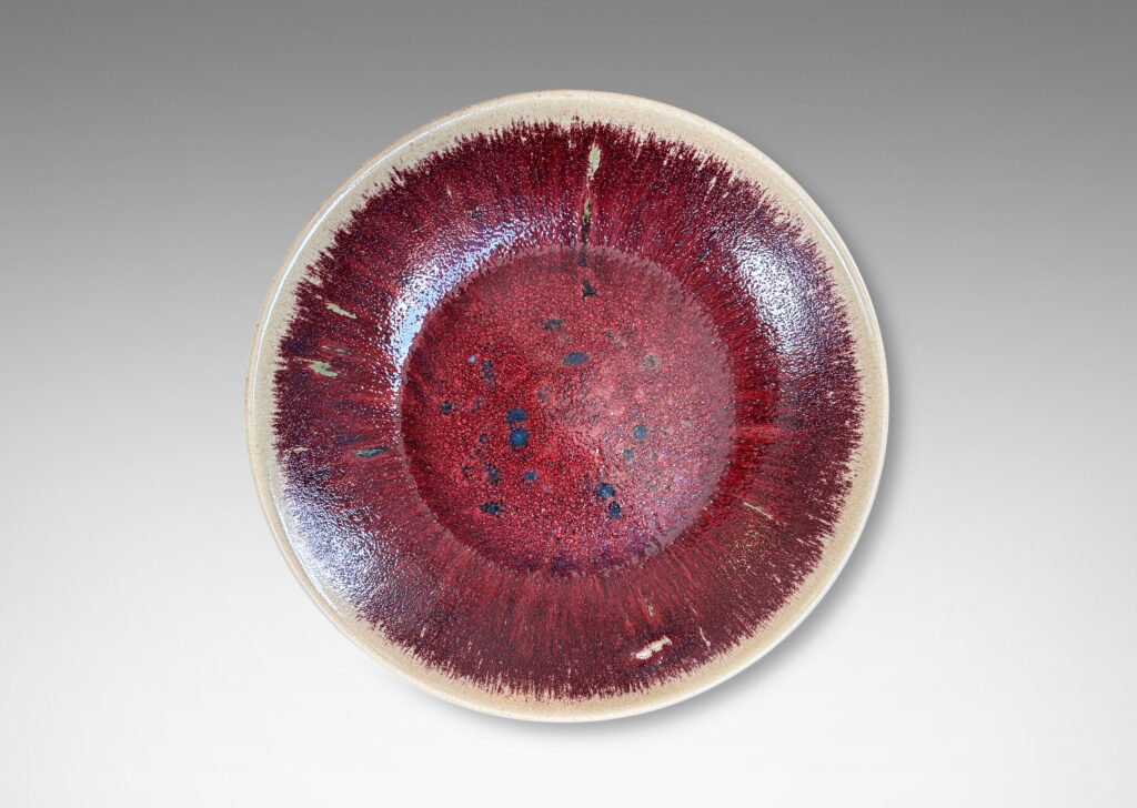 Gallery BAC low wide form glazed in oxblood burgundy with pale gray edges