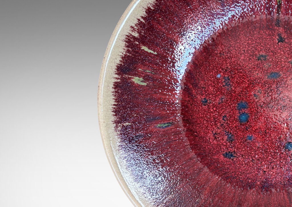 Gallery BAC low wide form glazed in oxblood burgundy with pale gray edges
