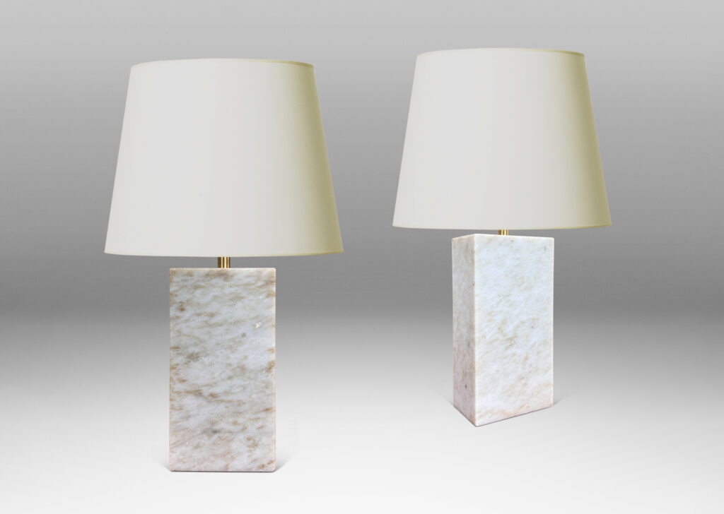 Gallery BAC on-end box forms in pale gray and light brown stone; marble