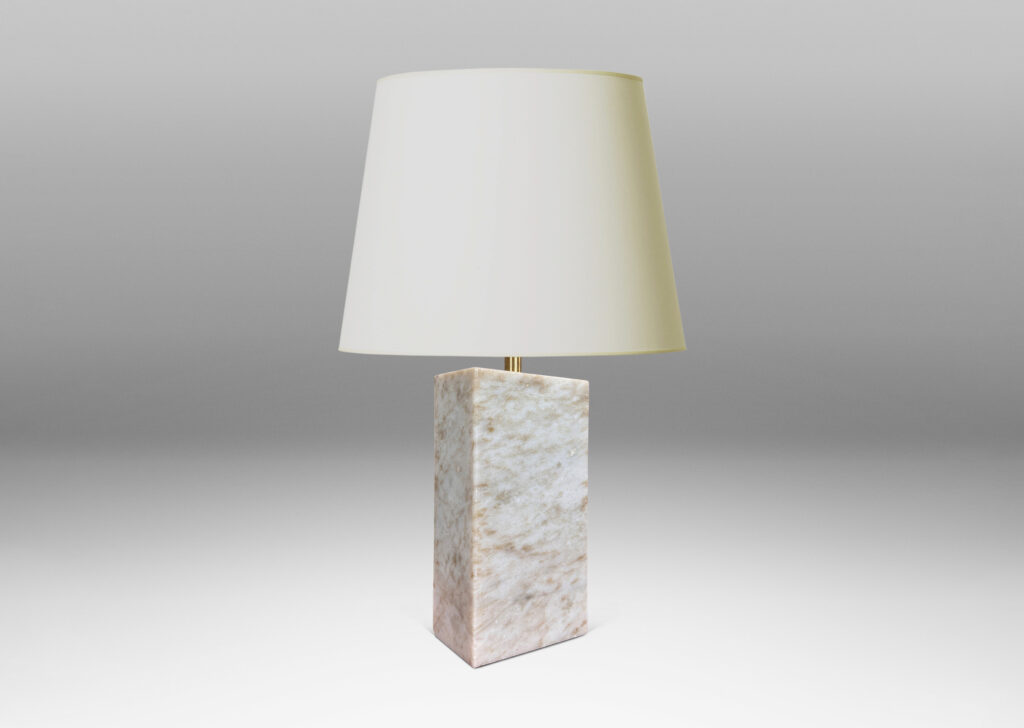 Gallery BAC on-end box forms in pale gray and light brown stone; marble