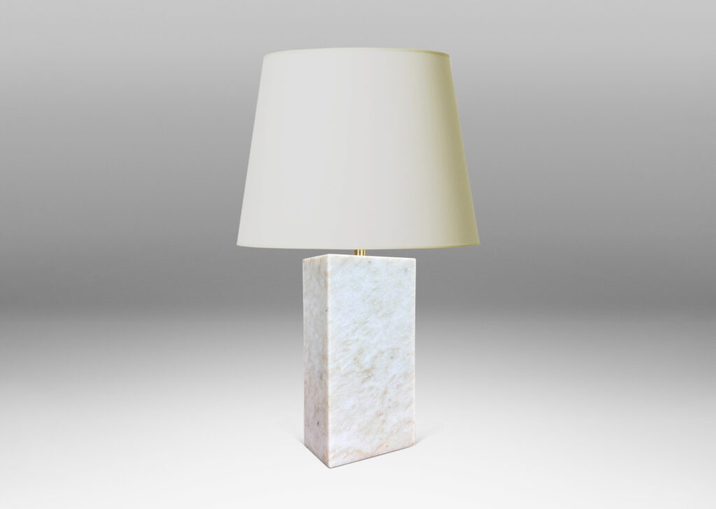 Gallery BAC on-end box forms in pale gray and light brown stone; marble