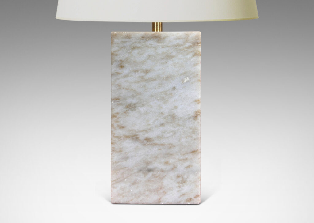 Gallery BAC on-end box forms in pale gray and light brown stone; marble