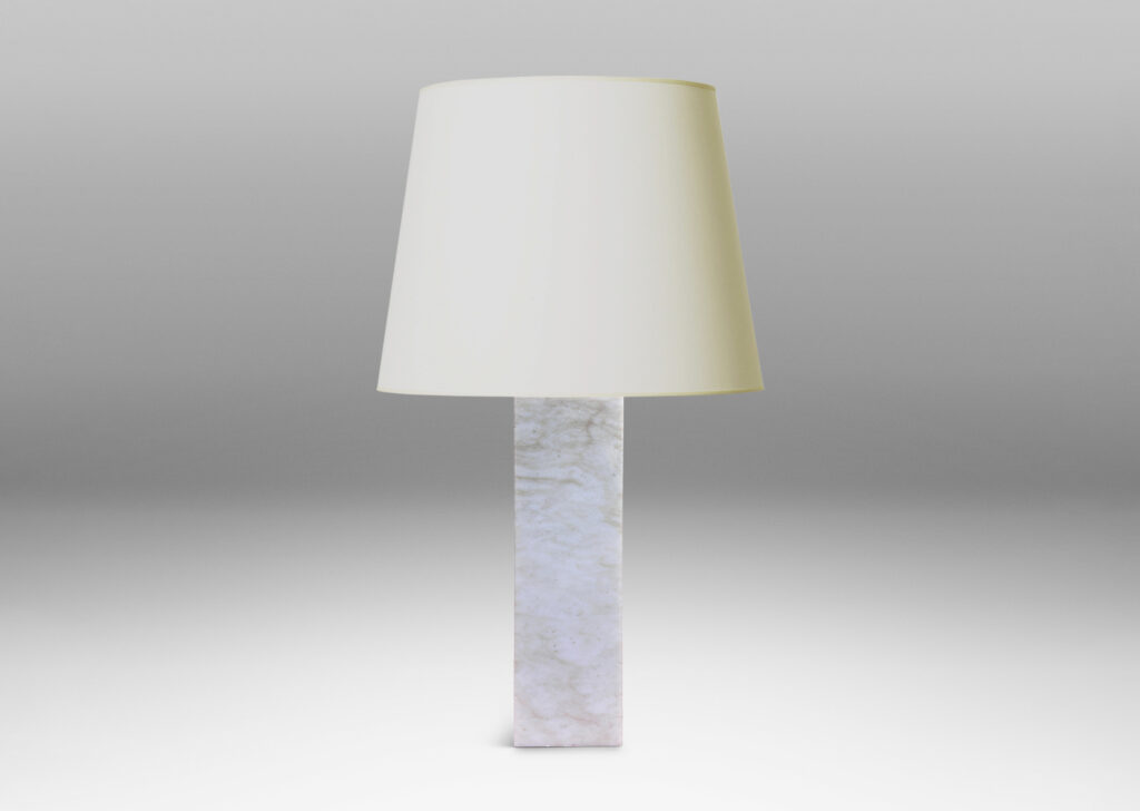 Gallery BAC square pillar forms in pale gray and light brown stone; marble