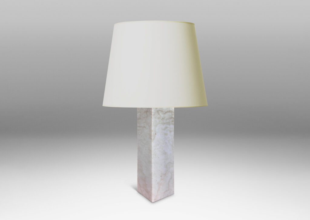 Gallery BAC square pillar forms in pale gray and light brown stone; marble
