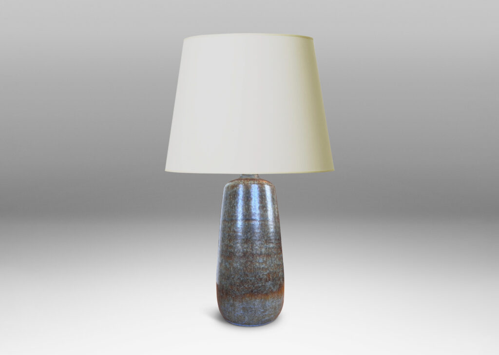 Gallery BAC organically modeled cylindrical form glazed in blue-gray with subtle flowing brown stripes, stoneware