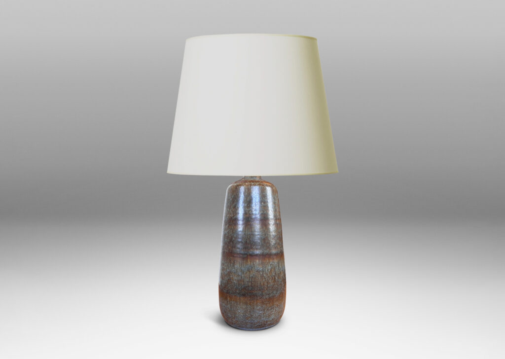 Gallery BAC organically modeled cylindrical form glazed in blue-gray with subtle flowing brown stripes, stoneware