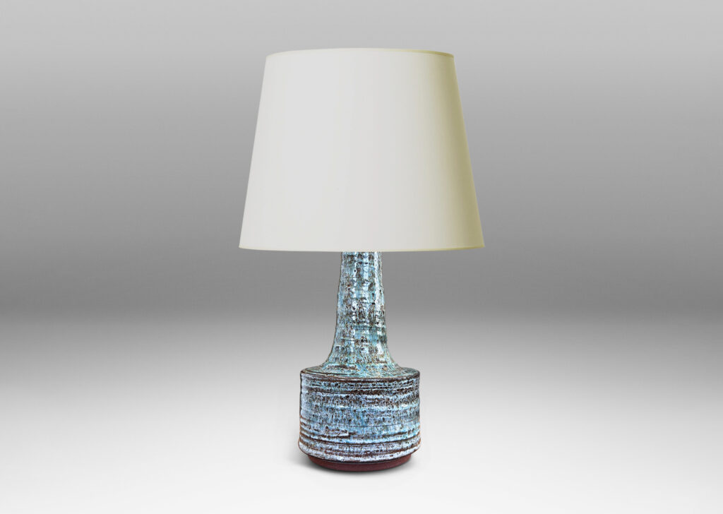 Gallery BAC ridged drum form and sprouting neck, glazed in ice blue-pale gray over brown