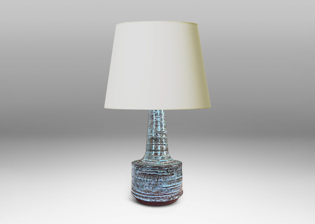 Gallery BAC ridged drum form and sprouting neck, glazed in ice blue-pale gray over brown