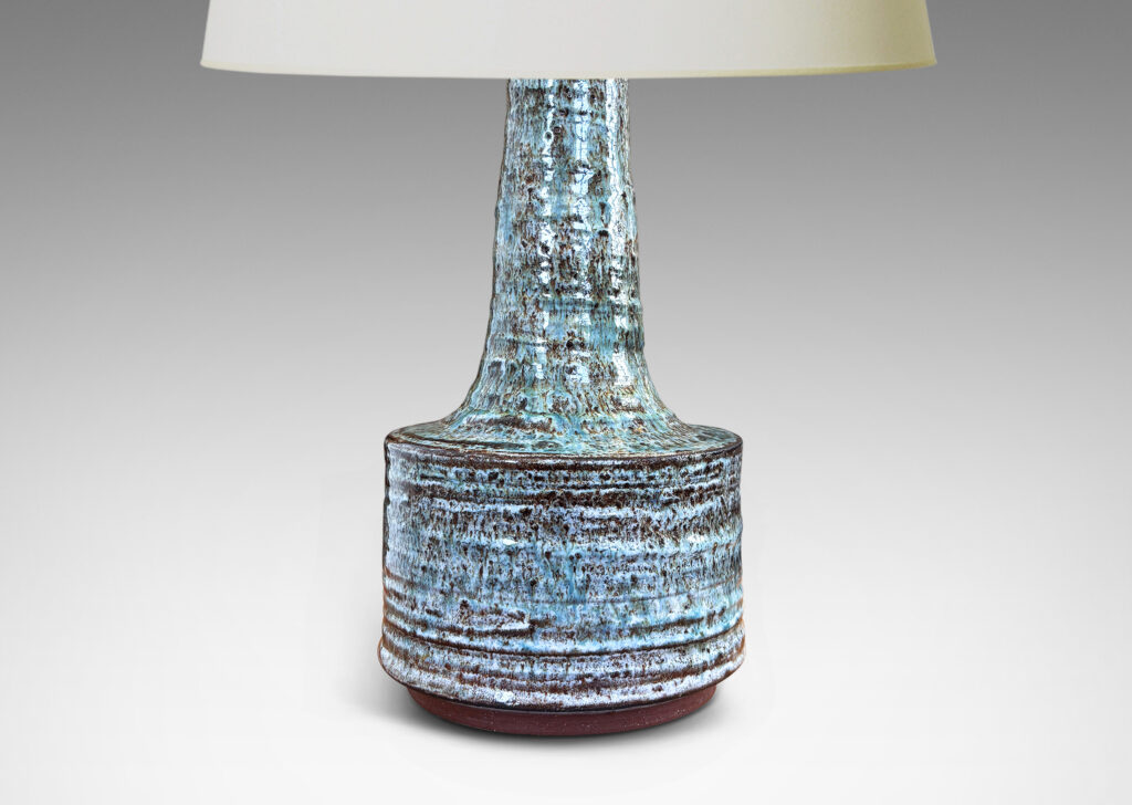 Gallery BAC ridged drum form and sprouting neck, glazed in ice blue-pale gray over brown