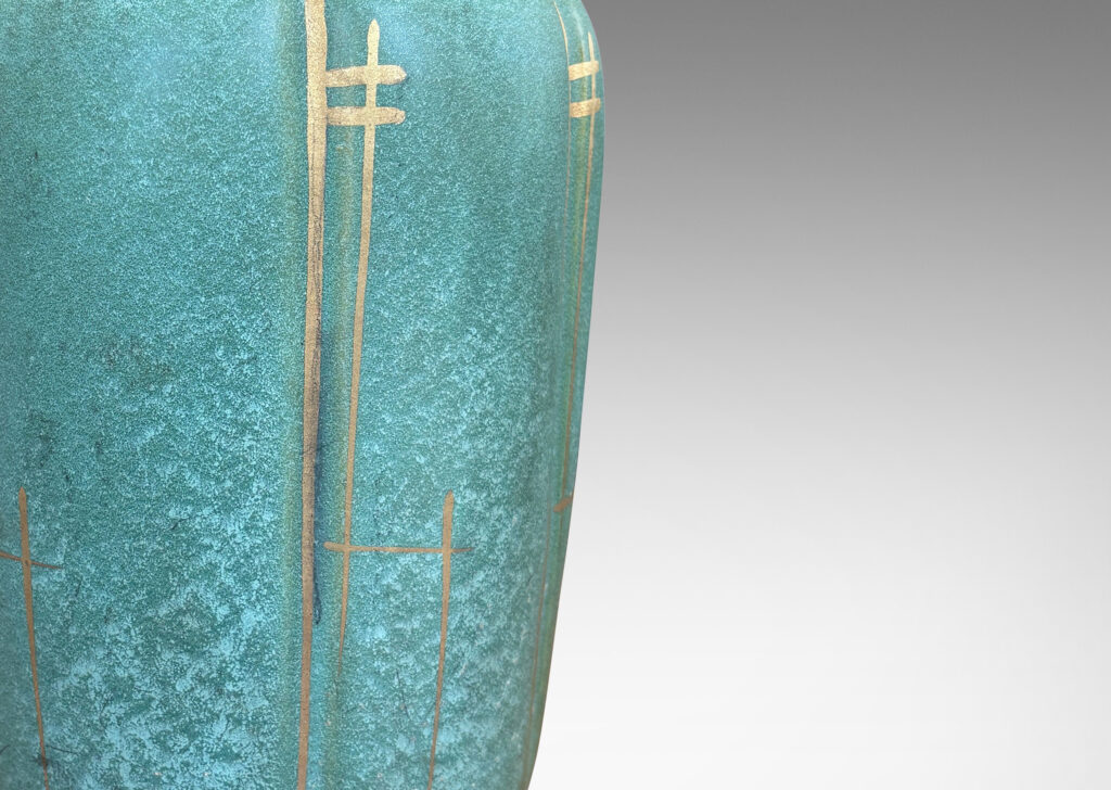 Gallery BAC large lobed ovoid form glazed in a lustrous teal tone with gilded accents