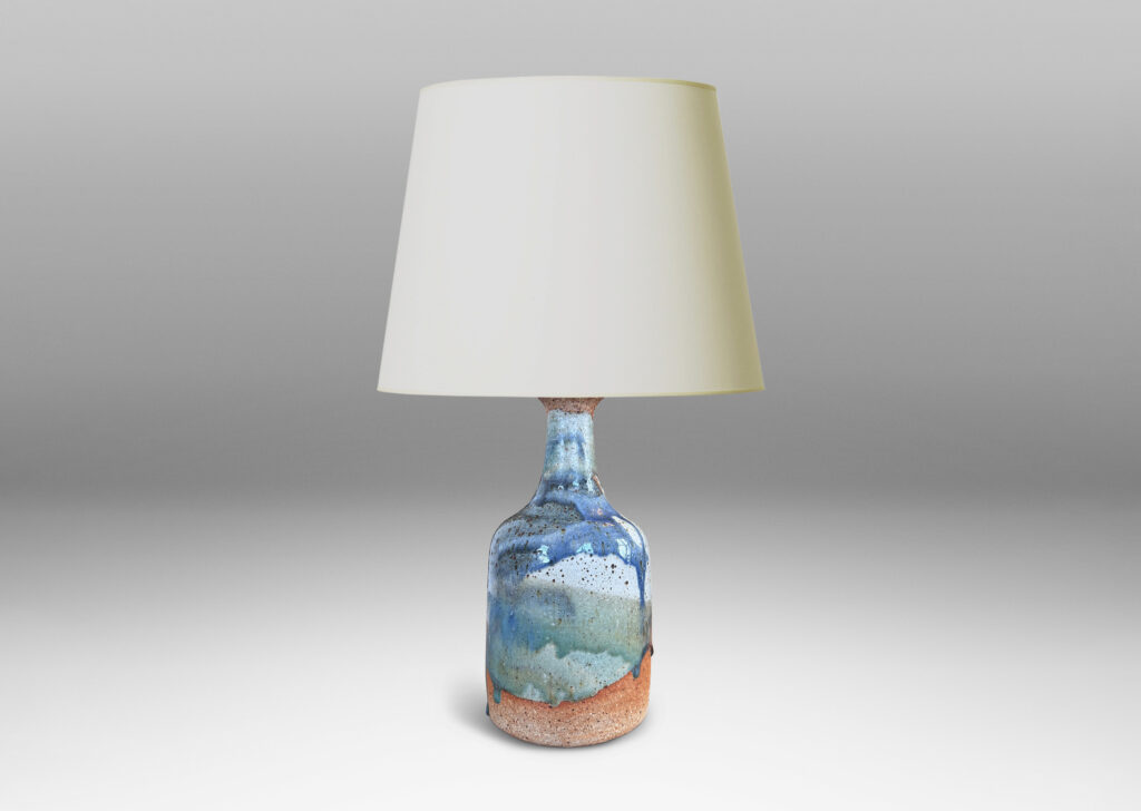 Gallery BAC bottle-like form with layered dusty blue tone glazes textured with metal speckling