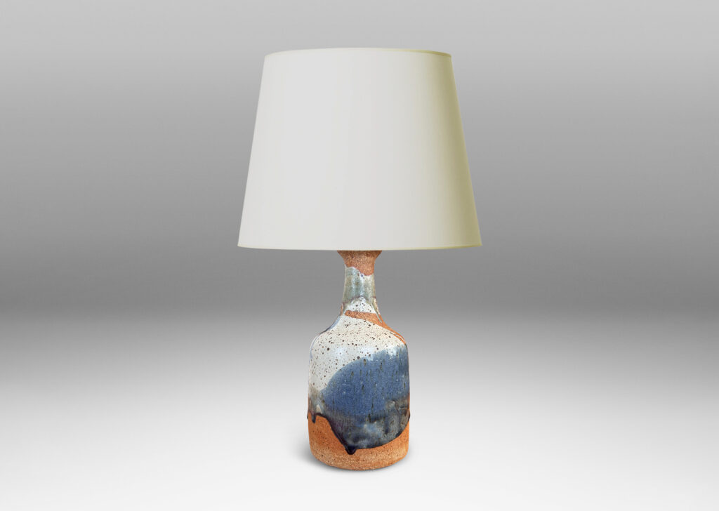 Gallery BAC bottle-like form with layered dusty blue tone glazes textured with metal speckling