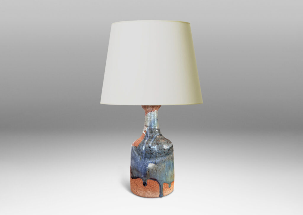 Gallery BAC bottle-like form with layered dusty blue tone glazes textured with metal speckling