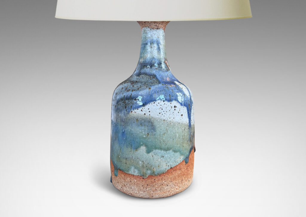 Gallery BAC bottle-like form with layered dusty blue tone glazes textured with metal speckling