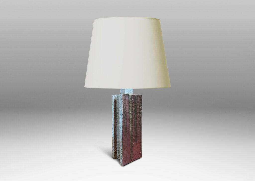 Gallery BAC two floating rectangular planes connected by a central pillar, glazed in dappled gray-brown with brushstroked of black-red luster