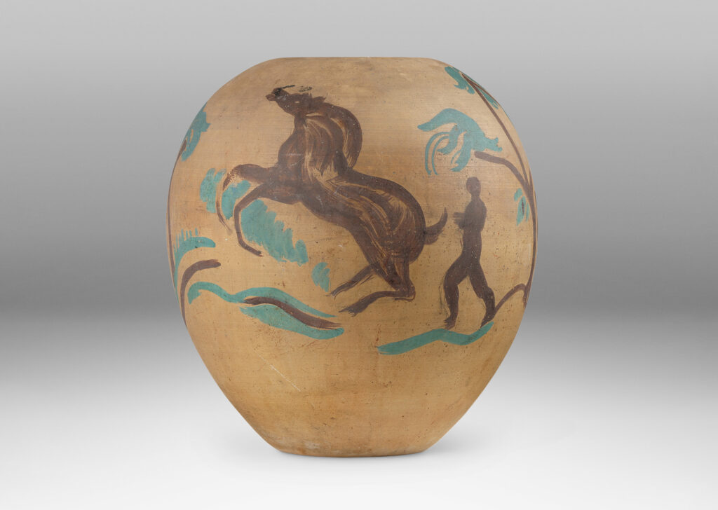 Gallery BAC large tapered ovoid form in a matte ochre tan wash hand-painted with bucolic scenes of figures, trees and horses