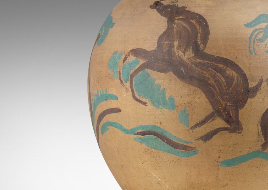 Gallery BAC large tapered ovoid form in a matte ochre tan wash hand-painted with bucolic scenes of figures, trees and horses