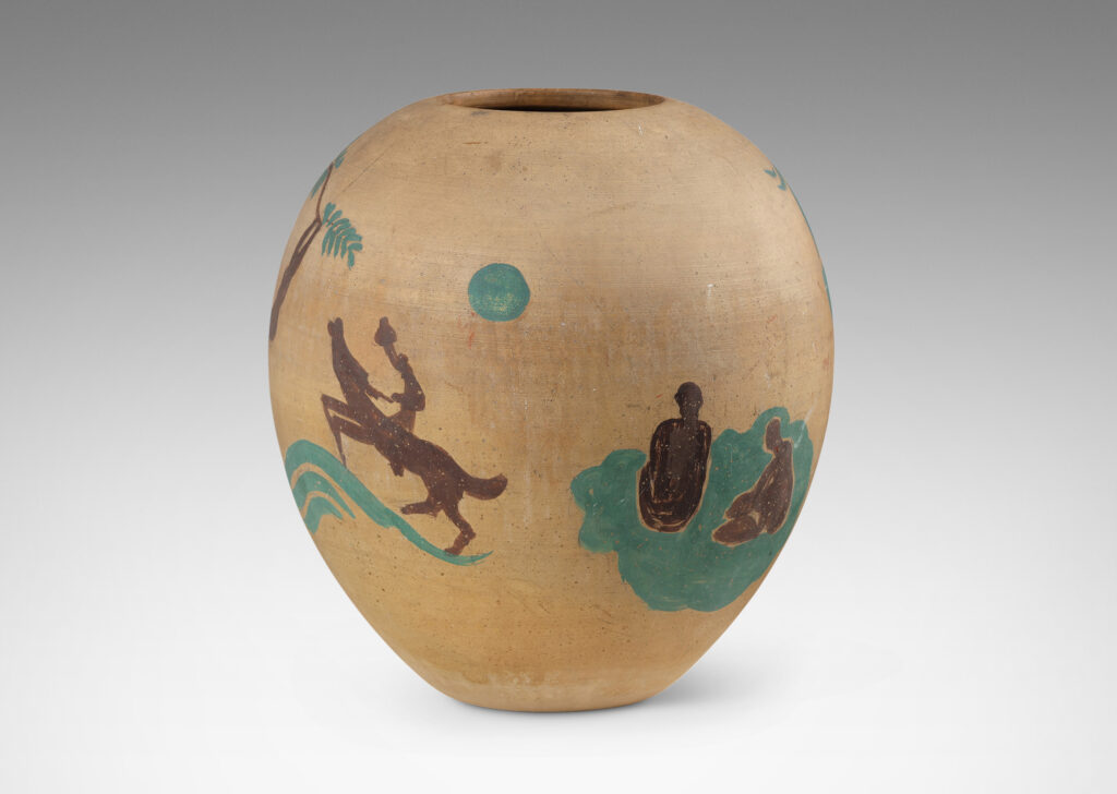 Gallery BAC large tapered ovoid form in a matte ochre tan wash hand-painted with bucolic scenes of figures, trees and horses